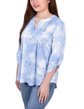 Blue Tie Dye 3/4 Bell Sleeve Pleat Front Y Neck Top