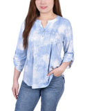 Blue Tie Dye 3/4 Bell Sleeve Pleat Front Y Neck Top