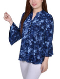 Denim Tie Dye 3/4 Bell Sleeve Pleat Front Y Neck Top