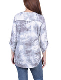 Grey Tiedye 3/4 Bell Sleeve Pleat Front Y Neck Top