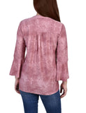 Mauve Tie Dye 3/4 Bell Sleeve Pleat Front Y Neck Top