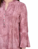 Mauve Tie Dye 3/4 Bell Sleeve Pleat Front Y Neck Top