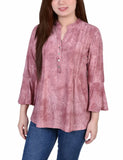 Mauve Tie Dye 3/4 Bell Sleeve Pleat Front Y Neck Top