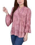 Mauve Tie Dye 3/4 Bell Sleeve Pleat Front Y Neck Top