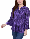 Purple Stripe 3/4 Bell Sleeve Pleat Front Y Neck Top