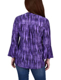 Purple Stripe 3/4 Bell Sleeve Pleat Front Y Neck Top