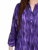 Purple Stripe 3/4 Bell Sleeve Pleat Front Y Neck Top