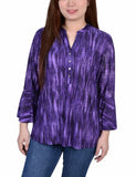 Purple Stripe 3/4 Bell Sleeve Pleat Front Y Neck Top