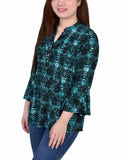 Teal Plaid 3/4 Bell Sleeve Pleat Front Y Neck Top