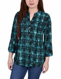 Teal Plaid 3/4 Bell Sleeve Pleat Front Y Neck Top