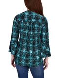 Teal Plaid 3/4 Bell Sleeve Pleat Front Y Neck Top