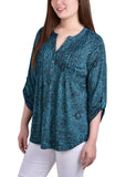 Teal Whisper 3/4 Bell Sleeve Pleat Front Y Neck Top