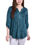 Teal Whisper 3/4 Bell Sleeve Pleat Front Y Neck Top