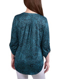 Teal Whisper 3/4 Bell Sleeve Pleat Front Y Neck Top