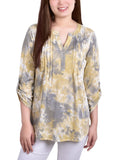 Yellow Tiedye 3/4 Bell Sleeve Pleat Front Y Neck Top