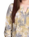 Yellow Tiedye 3/4 Bell Sleeve Pleat Front Y Neck Top