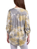 Yellow Tiedye 3/4 Bell Sleeve Pleat Front Y Neck Top