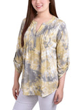 Yellow Tiedye 3/4 Bell Sleeve Pleat Front Y Neck Top